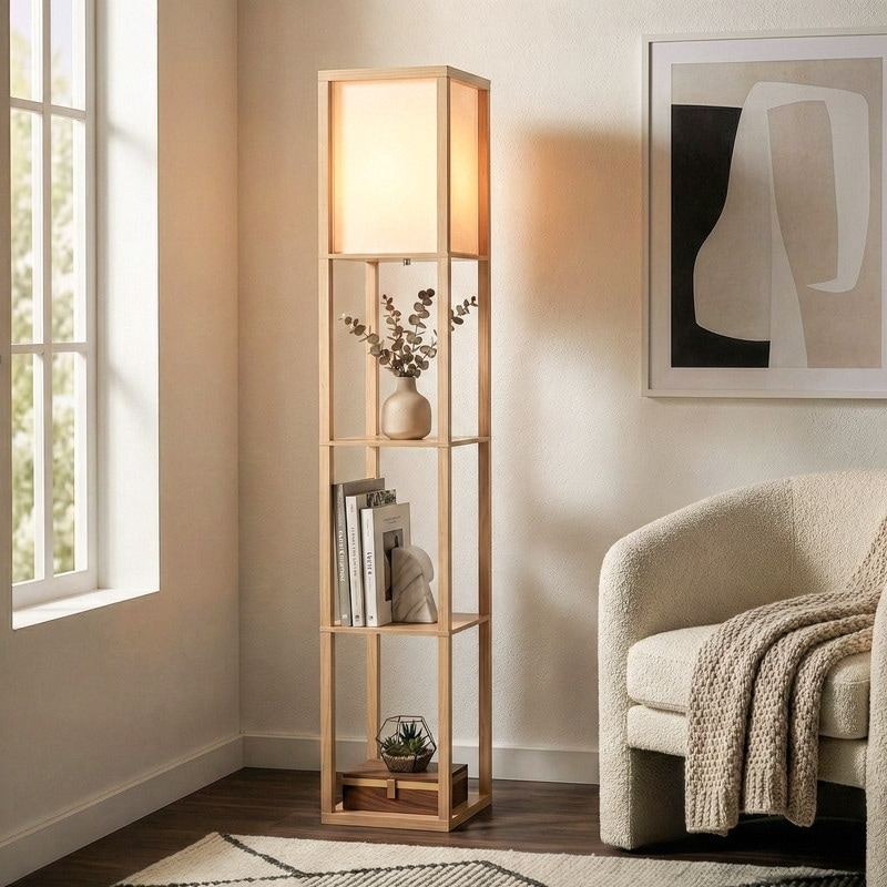 Shelf Floor Lamp Natural Wood Square Shade Scandinavian