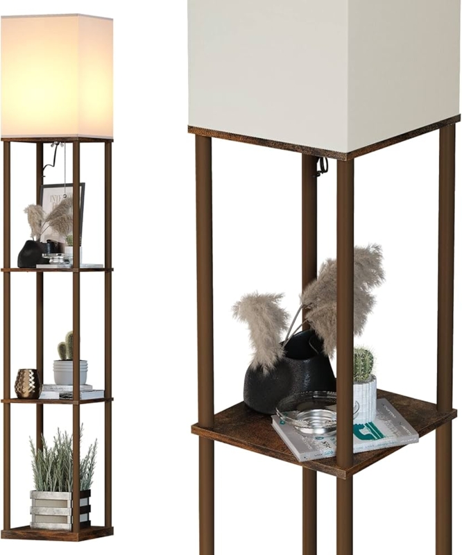 Shelf Floor Lamp Rustic Wood Toned Compact Corner Design