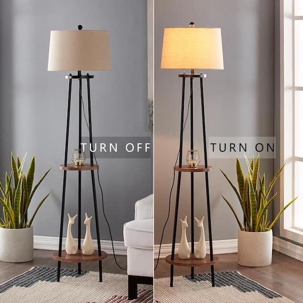 Shelf Floor Lamp: Three Integrated Wood Tiers, Black Frame, Drum Shade.