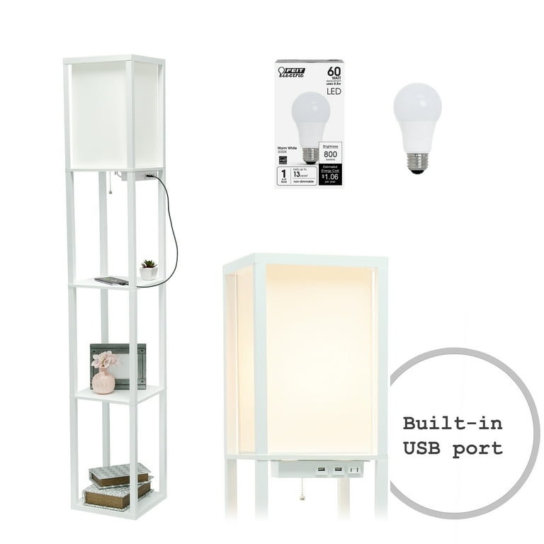 Shelf Floor Lamp White Finish Etagere Three Tiered Rectangular Shade