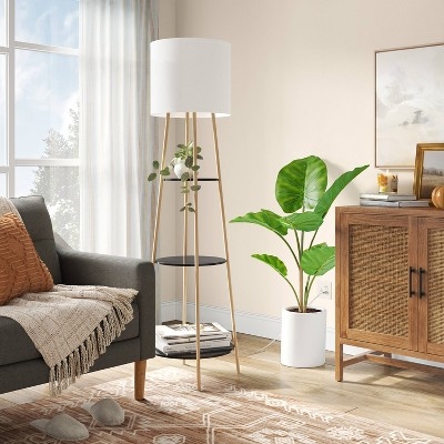 Shelf Floor Lamp with Circular Wood Shelves and Black Frame