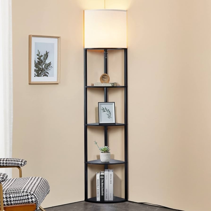 Shelf Floor Lamp with Pull Chain Switch and Rectangular Shade, Black