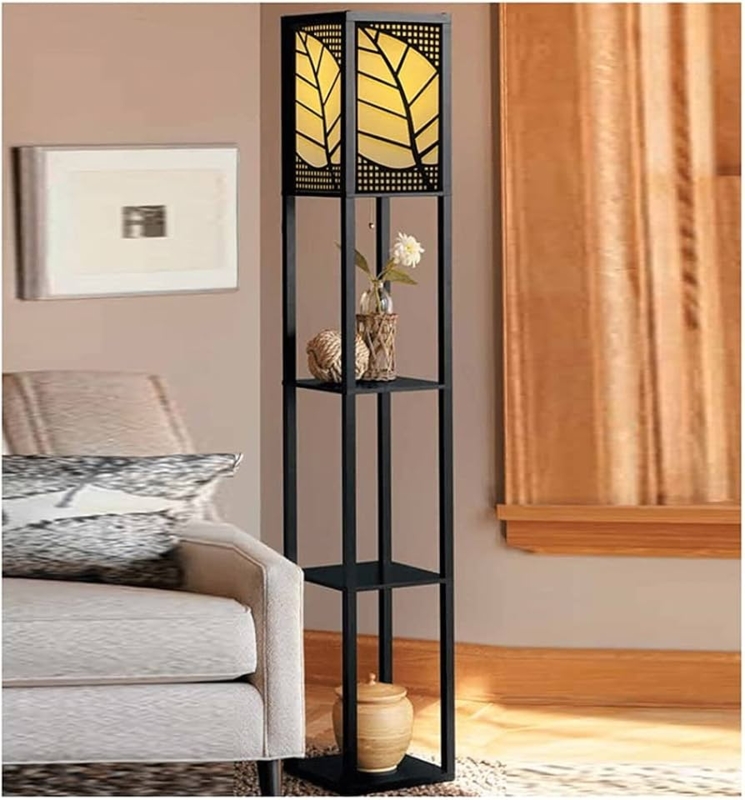 Shelf Floor Lamp Wood Toned Open Frame Linen Texture Display