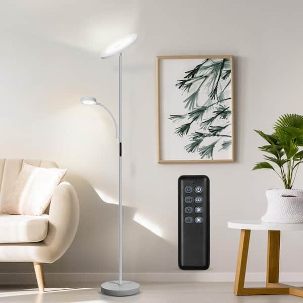 Silver Gray Torchiere Floor Lamp, Adjustable Reading Arm Slim