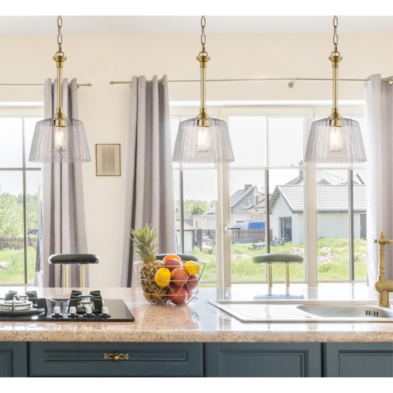 Single Light Pendant Ribbed Surface Brushed Brass Clear Glass Elegant