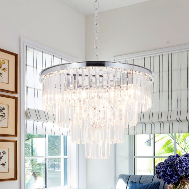 Six Layer Crystal Chandelier Polished Chrome Rectangular Prisms Glam