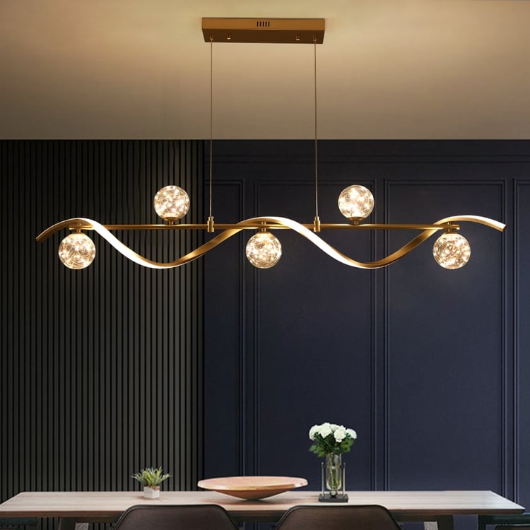 Six-Light Linear Pendant with Gold Frame and Glass Globe Shades
