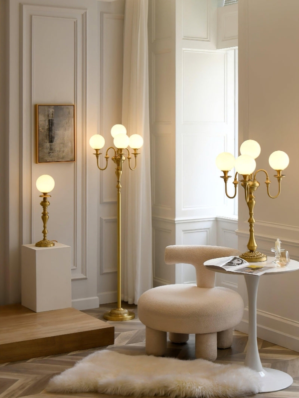 Slender Brushed Brass Three-Arm Candelabra Floor Lamp, Minimalist Style