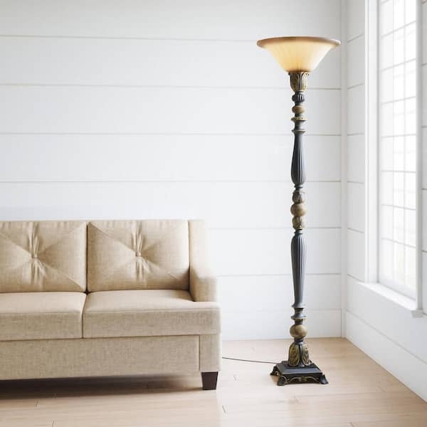 Slender Dark Bronze Torchiere Floor Lamp with Bowl Shade