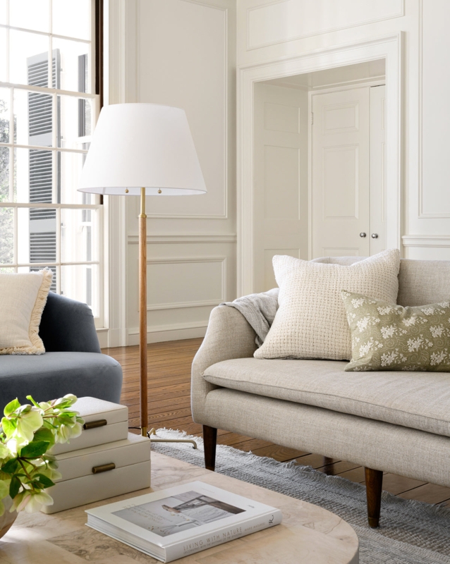 Slender Floor Lamp Black Frame Spherical Accents White Tapered Shade