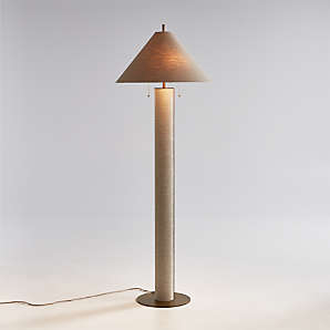 Slender Floor Lamp in Dark Finish with Natural Linen Drum Shade