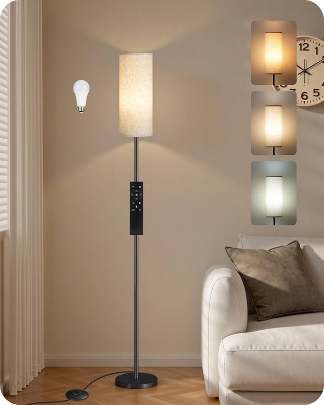 Slender Floor Lamp Metal Pole Beige Linen-Texture Shade
