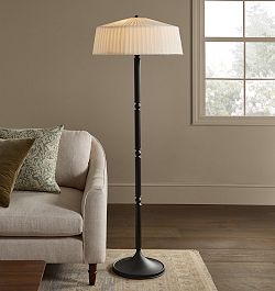 Slender Metal Floor Lamp in Bronze, Cylindrical Drum Shade