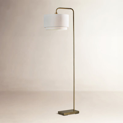 Slim Floor Lamp: Metal Pole with Wood Accents, White Drum Shade.