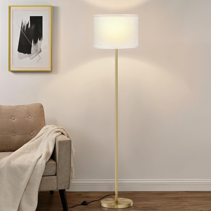 Slim Floor Lamp with Gold Toned Pole and Neutral Beige Drum Shade