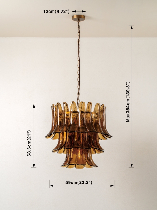 Smoked Brown Glass Chandelier Mid-Century Modern Aged Brass Linear Frame