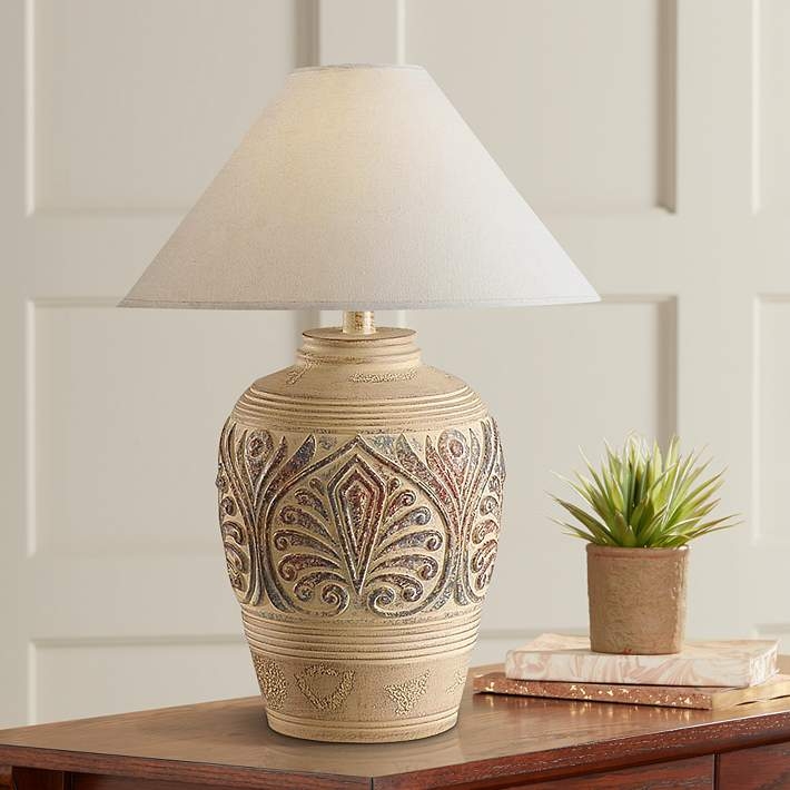 Southwestern Table Lamp Vase Silhouette Tan Ceramic Leaf Design