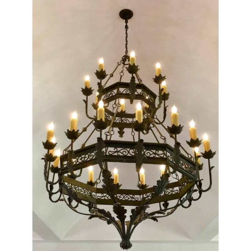 Spanish Colonial Chandelier Three Tier Wrought Iron Scrollwork