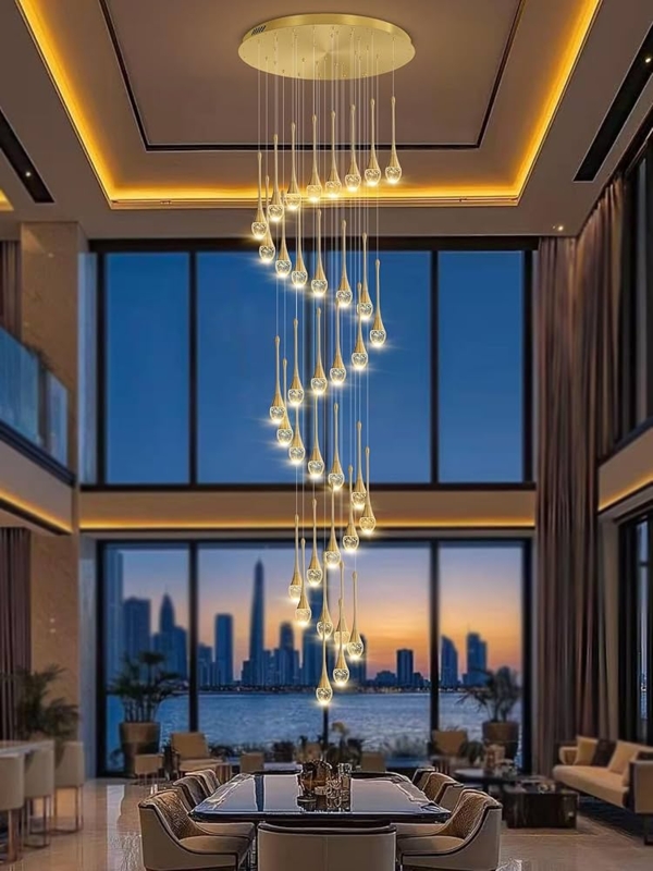 Spiral Chandelier with Cascading Crystal Strands and Polished Gold Finish