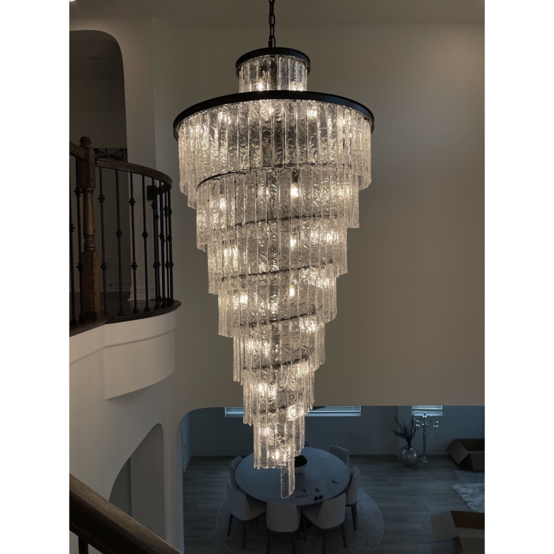 Spiral Tiered Chandelier with Cracked Textured Glass Panel Lighting