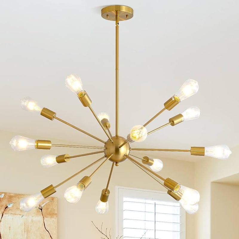 Sputnik Chandelier 15-Light Gold Mid-Century Modern Fixture Frosted Glass