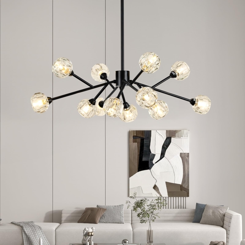 Sputnik Chandelier, Black, Faceted Crystal Shades, Contemporary Fixture