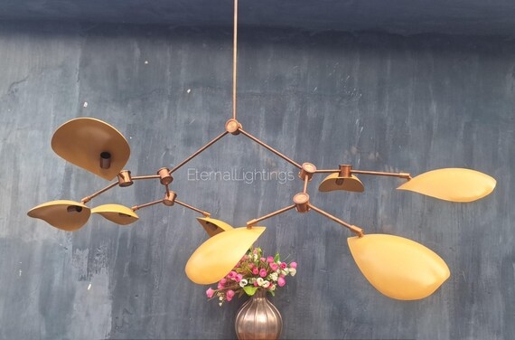Sputnik Chandelier Brass Eight Light Radiating Arms Clear Globes