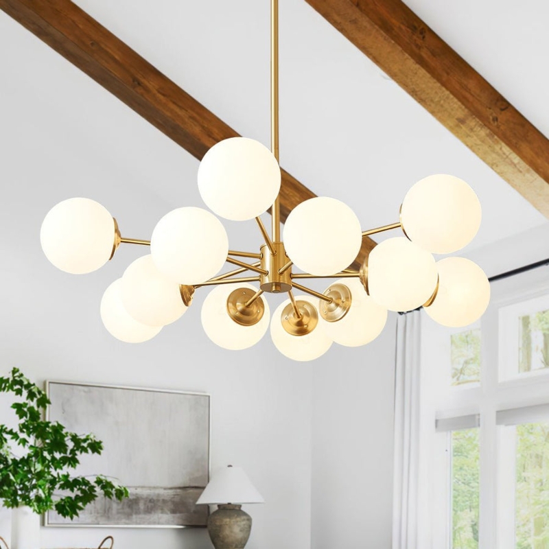 Sputnik Chandelier: Brass Frame with Frosted Glass Bubbles, Mid-Century Modern