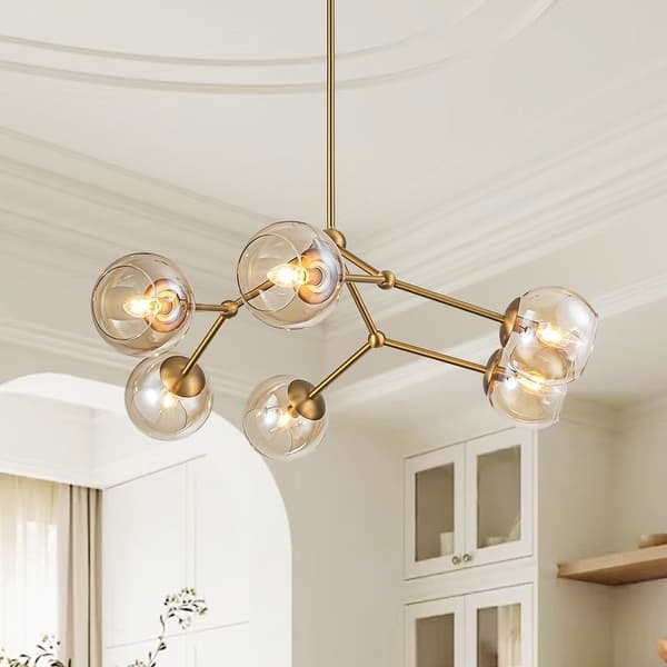 Sputnik Chandelier Brass with Amber Glass Globes