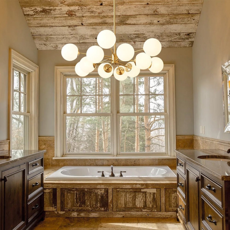 Sputnik Chandelier: Brushed Brass, Spiked Silhouette with Frosted Globes