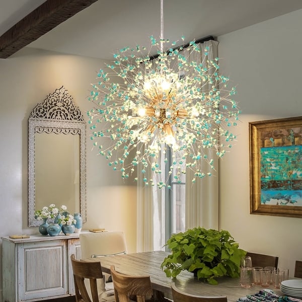 Sputnik Chandelier, Gold Firework Silhouette with Crystal Beads