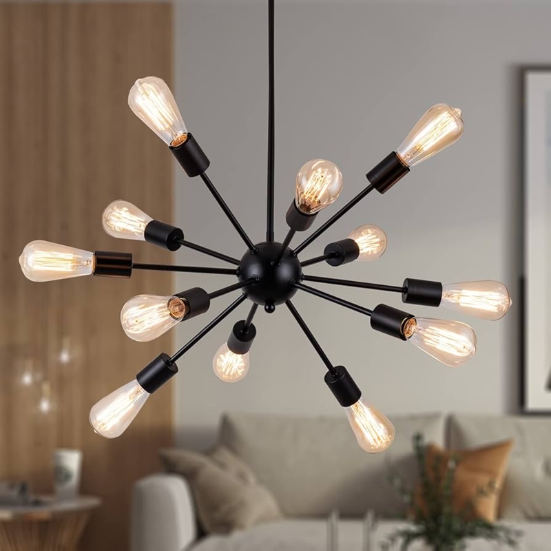 Sputnik Chandelier, Matte Black 12-Light, Minimalist Dining Room