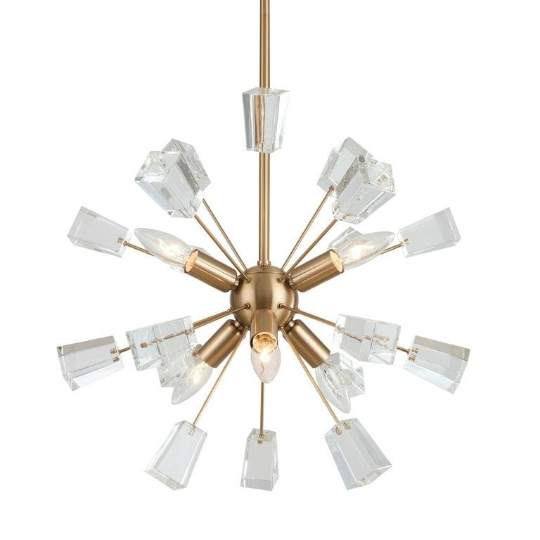 Sputnik Chandelier Polished Brass Six Light Staggered Arms Clear Glass