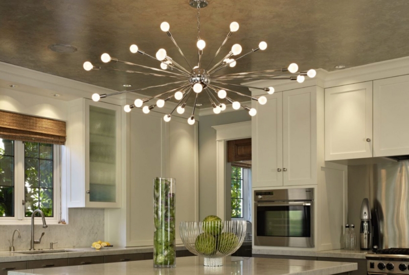 Sputnik Chandelier, Polished Starburst, Clear Globe Bulbs, MCM Lighting