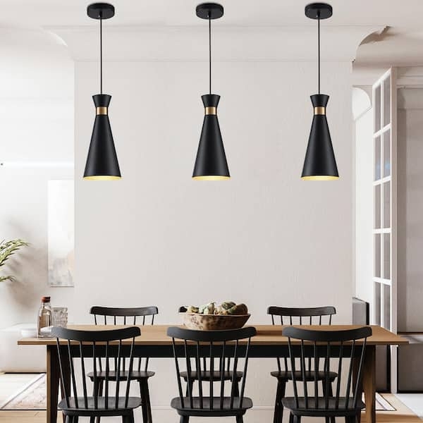 Staggered Cone Pendant Light Trio Matte Black and Gold Finish