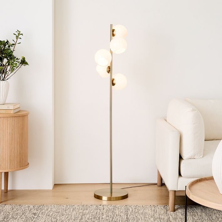 Staggered Globe Floor Lamp Milk Glass Antique Brass Mid-Century Style
