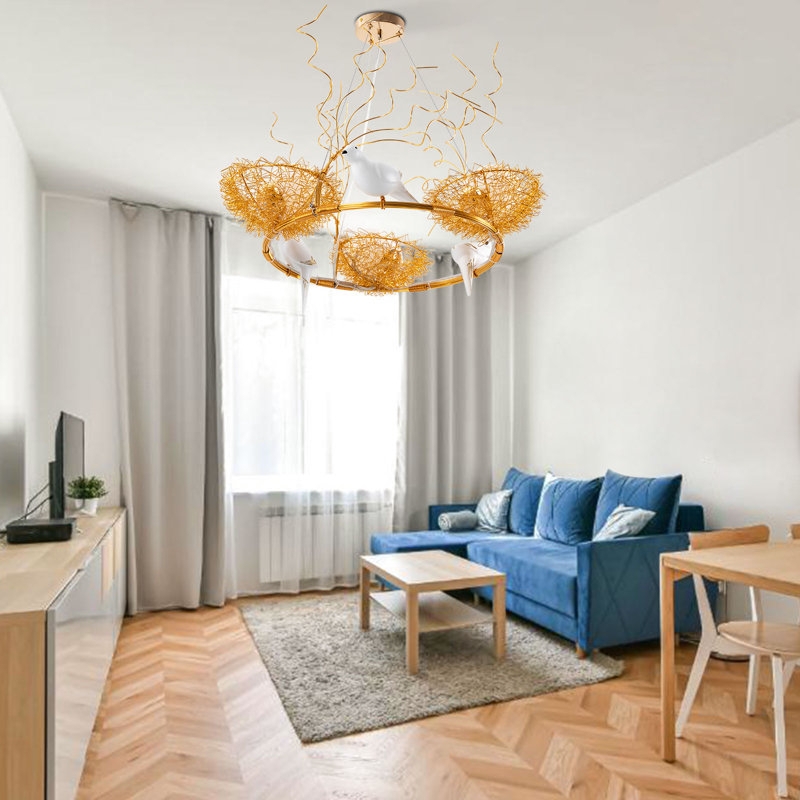 Staggered Pendant Cluster with Interwoven Metal Band Spheres