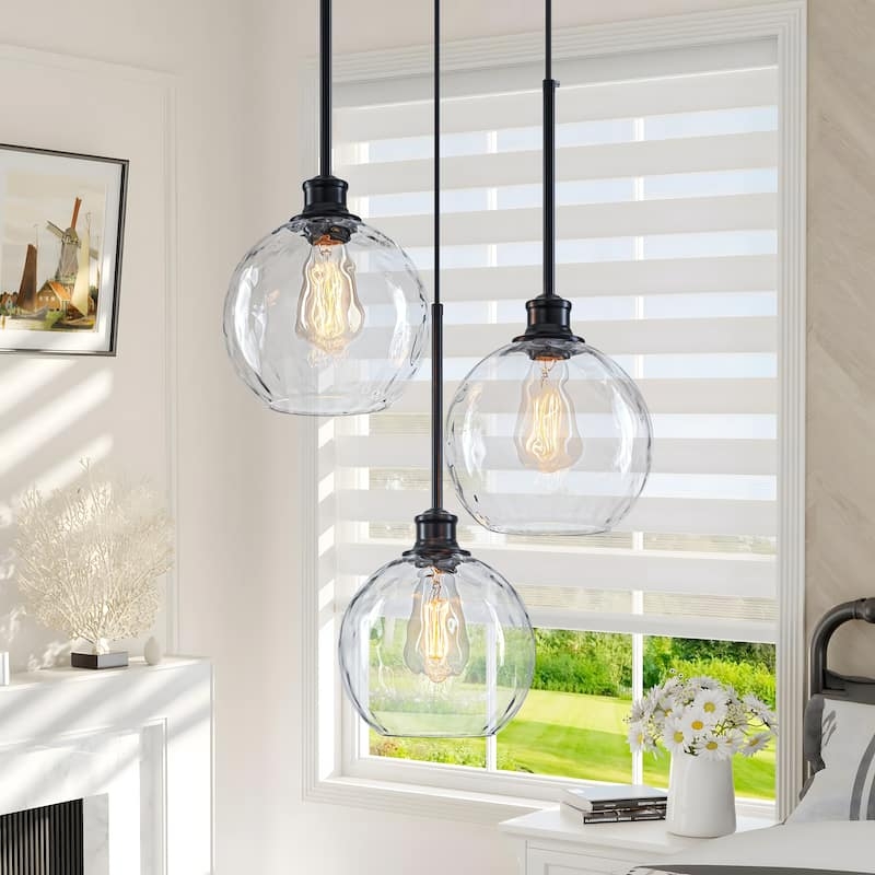 Staggered Pendant Light Cluster Cylindrical Glass Industrial Kitchen.