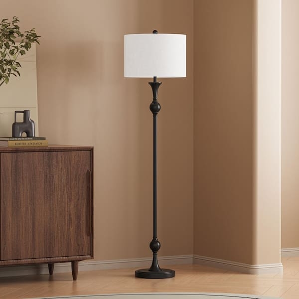 Standard Floor Lamp Fabric Drum Shade Slim Pole Traditional Styling