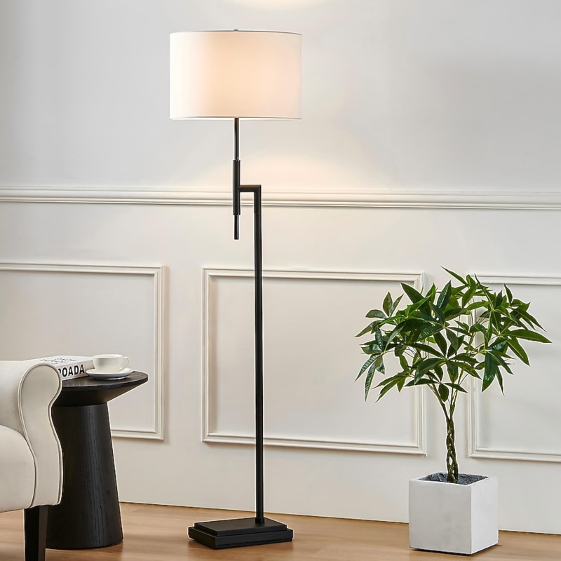 Standard Floor Lamp Slender Profile with White Drum Shade for Living Room