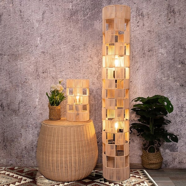 Standard Floor Lamp with Polished Brass Finish and Rattan Drum Shade