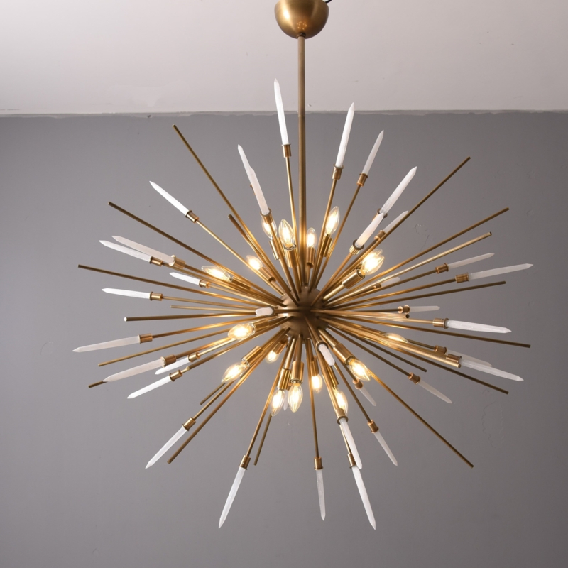 Starburst Chandelier, Selenite Crystal Tips, Brushed Brass Luxury Fixture