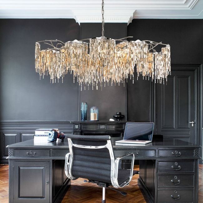 Statement Oval Chandelier Sculptural Vine-Like Silver Finish