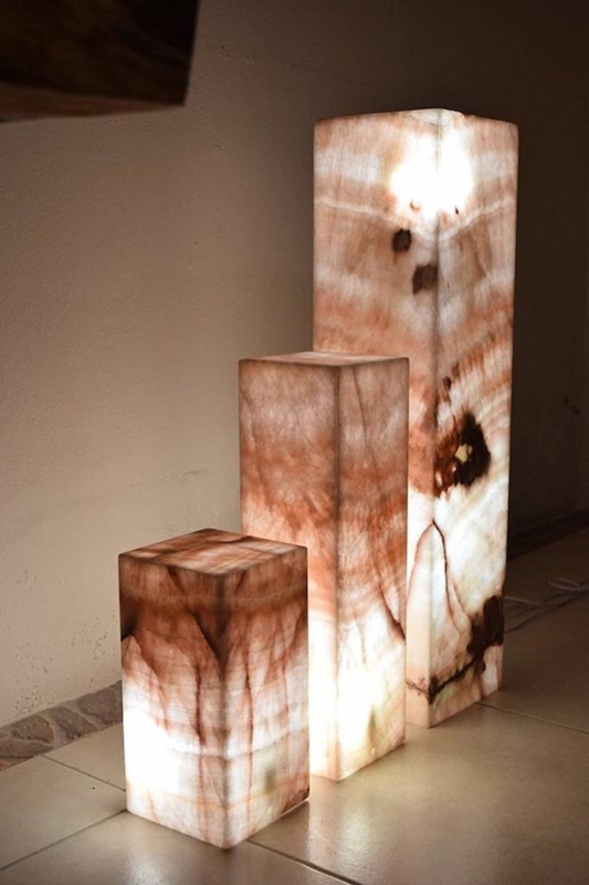 Stone Floor Lamp Translucent Onyx Marble Veining Organic Rectangular