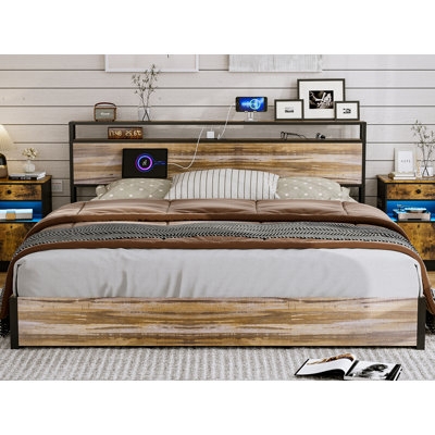 Storage Bed Grey Upholstered Shelf Headboard Built-In Charging