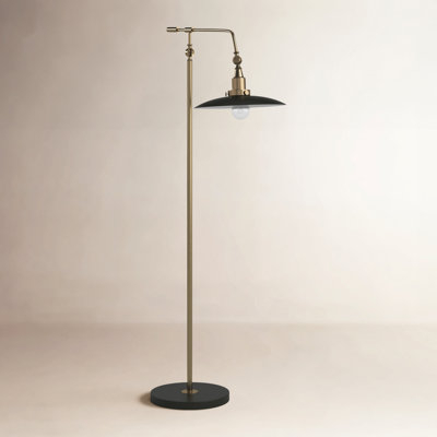 Swing Arm Floor Lamp: Dark Bronze Finish, Pleated Cream Shade.