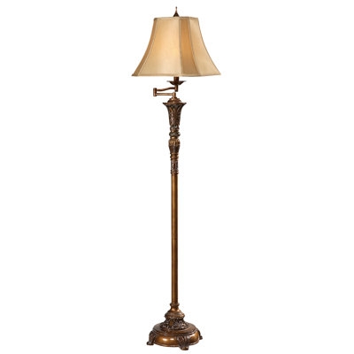 Swing Arm Floor Lamp Ornate Scrollwork Base Pleated Bell Shade