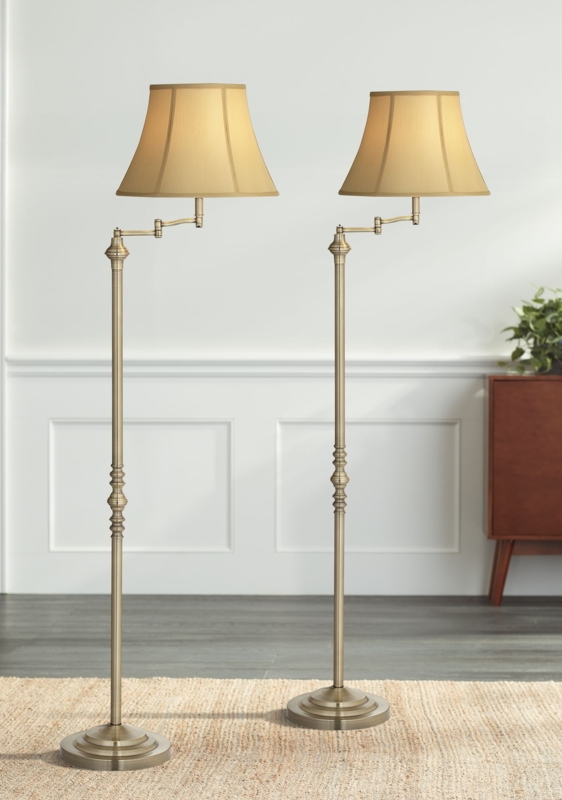 Swing Arm Floor Lamp Set of 2, Antique Brass Finish, White Drum Shades