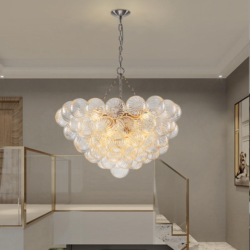 Swirled Glass Bubble Chandelier with Brushed Nickel Finish.