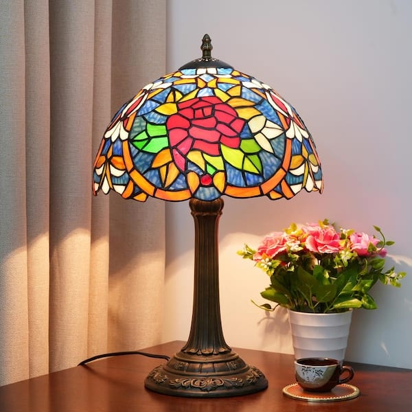 Table Lamp, 19 Inch Height, Red Rose Stained Glass, Bronze Finish